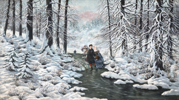 Картинка snow scene рисованные laszlo neogrady лёд коньки ёлки лес зима снег люди