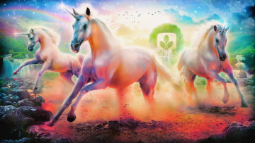 Картинка фэнтези единороги desktopography кони бег цвета камни эмблема облака птицы звёзды река радуга