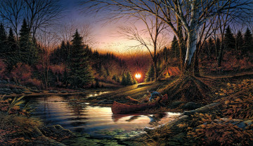 Картинка morning solitude рисованные terry redlin утро палатка осень лодка олени собака