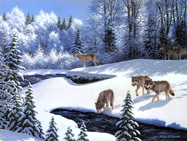 Обои картинки фото on, the, prowl, рисованные, robert, richert, волки, зима