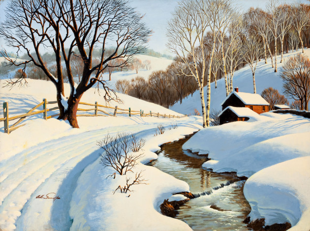 Обои картинки фото winter, blanket, рисованные, arthur, saron, sarnoff, зима, снег, дом