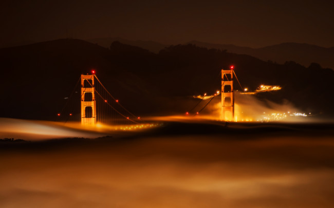 Обои картинки фото города, сан, франциско, сша, туман, мост, ночь