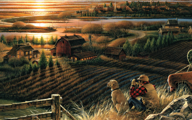 Обои картинки фото best, friends, рисованные, terry, redlin, осень, поле, закат, собака, мужчина, дома, река