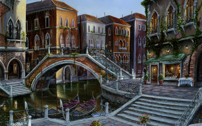 Обои картинки фото venician, sunrise, рисованные, robert, finale, мост, венеция, италия, город, дома, канал, гондола