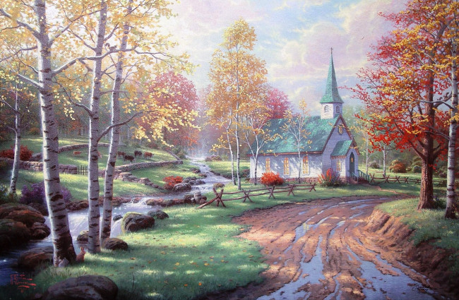 Обои картинки фото aspen, chapel, рисованные, thomas, kinkade, часовня, осень, березы