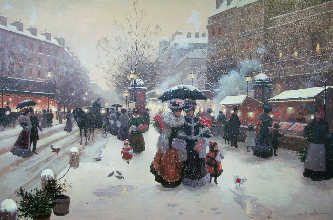 Обои картинки фото winter, pleasures, рисованные, christa, kieffer, париж, франция, рождество, зима, снег, люди