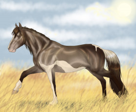 Картинка рисованные животные лошади облака поле лошадь