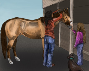 обоя рисованные, животные, лошади, девушки, собака, лошадь