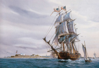 Картинка рисованные другое постройки форт лодка парусник акватория масло холст картина облака небо порт гавань вода