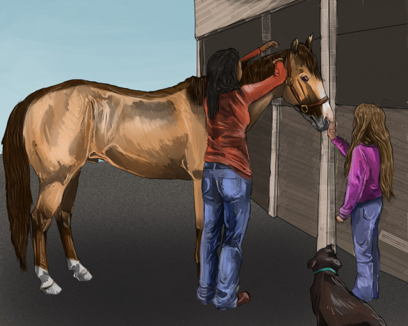 Обои картинки фото рисованные, животные, лошади, девушки, собака, лошадь