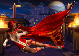 Картинка 3д+графика фантазия+ fantasy девушка планета пирамида полет взгляд факелы плащ космические+корабли
