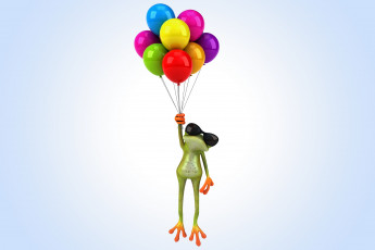 обоя 3д графика, юмор , humor, воздушные, шары, лягушка, frog, funny