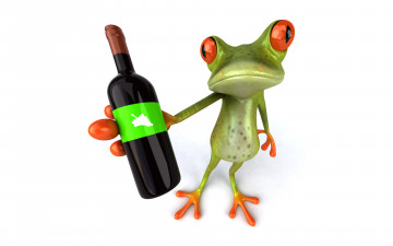 обоя 3д графика, юмор , humor, вино, графика, бутылка, лягушка, free, frog