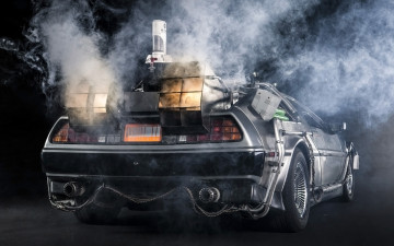 Картинка автомобили -unsort back to the future фон выхлоп дым dmc-12 delorean вид сзади машина времени назад в будущее делориан time machine