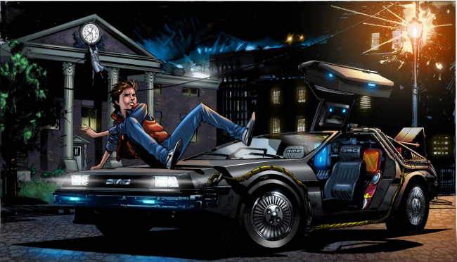 Обои картинки фото back to the future, рисованное, кино, фон, time, machine, back, to, the, future, дверь, передок, машина, времени, назад, в, будущее, делориан, dmc-12, delorean