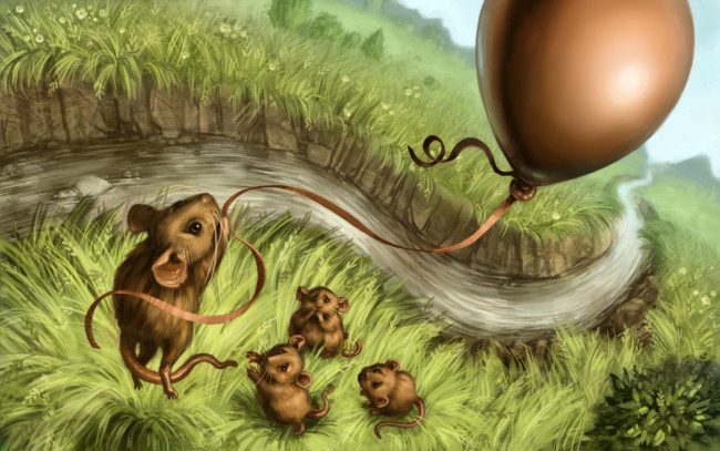 Обои картинки фото рисованное, животные,  мыши,  крысы, шар, трава, река, луг, мыши