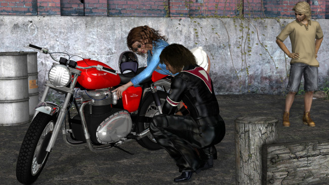 Обои картинки фото 3д графика, люди , people, девушка, мотоцикл, мотоциклист, фон, взгляд