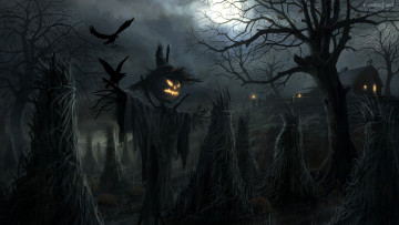 обоя праздничные, хэллоуин, scary, pumpkin, moon, holiday, jack, o', lantern, house, night, scarecrow, ravens, spooky, field, halloween, barn, sheaves