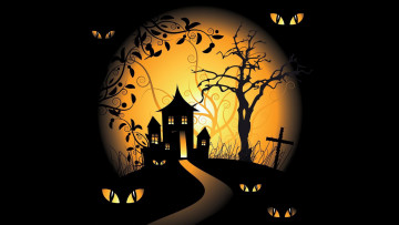 обоя праздничные, хэллоуин, trees, eyes, moon, halloween, spooky, graveyards, scary, house, holiday, black, background, vector, art