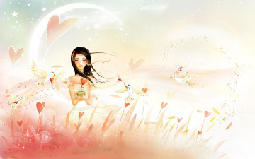 Картинка рисованное люди сердечки цветы девушка