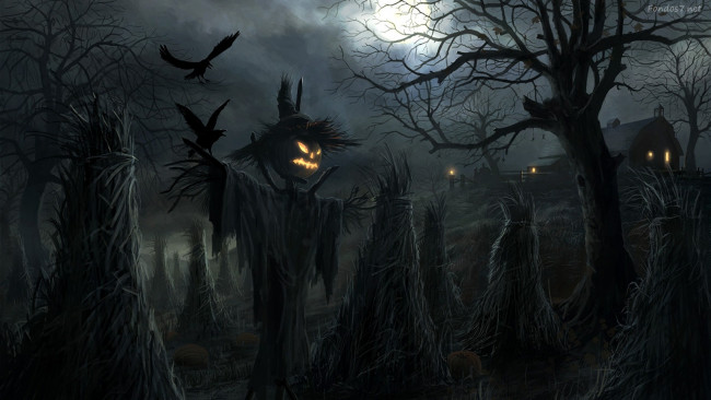 Обои картинки фото праздничные, хэллоуин, scary, pumpkin, moon, holiday, jack, o', lantern, house, night, scarecrow, ravens, spooky, field, halloween, barn, sheaves