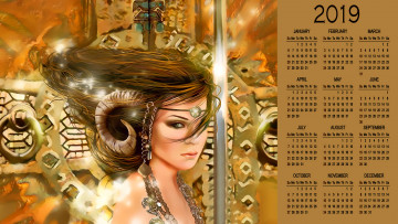 Картинка календари фэнтези девушка взгляд лицо рога украшения