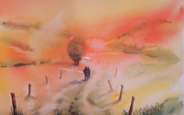 Картинка рисованное живопись столбы дорога горы люди закат