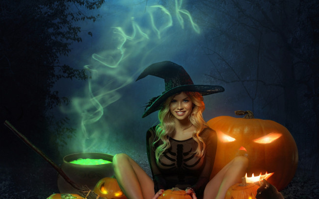 Обои картинки фото праздничные, хэллоуин, девушка, ночь, шляпа, halloween, тыква, александр, маврин