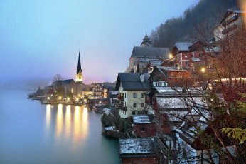 Картинка города гальштат+ австрия вечер горы озеро огни