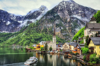 Картинка города гальштат+ австрия отражение облака горы озеро