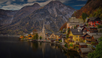 Картинка города гальштат+ австрия озеро отражение облака горы