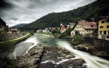 Картинка города гальштат+ австрия река горы