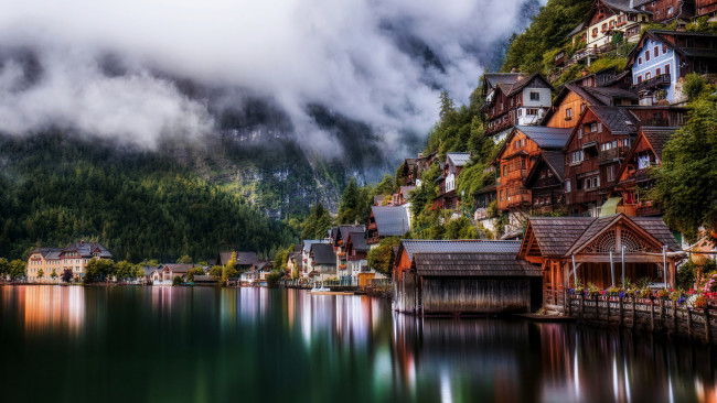 Обои картинки фото города, гальштат , австрия, озеро, горы, туман
