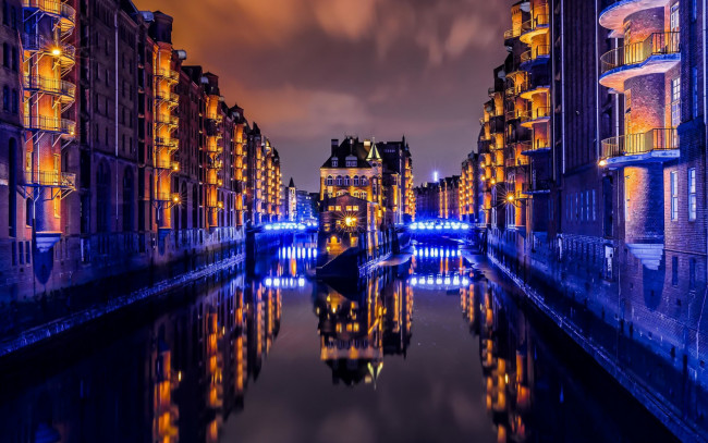 Обои картинки фото города, гамбург , германия, огни, канал, ночь