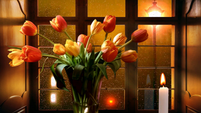 Обои картинки фото цветы, тюльпаны, ваза, свеча