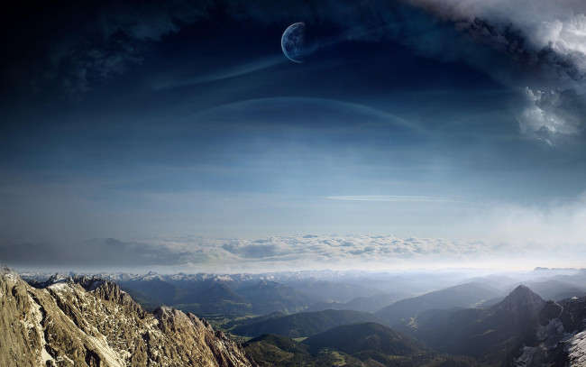 Обои картинки фото природа, горы, пейзаж, небо, сияние, лес, облака, полнолуние, луна, красота