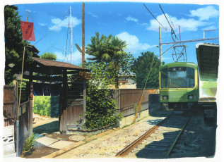 Картинка рисованное города трамвай ворота
