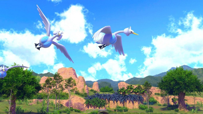 Обои картинки фото видео игры, new pokemon snap, птицы, небо, горы, деревья