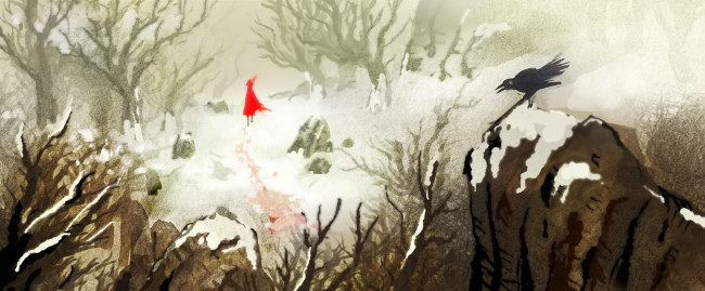 Обои картинки фото видео игры, akaneiro,  demon hunters, ворона, девушка, скалы, лес, снег