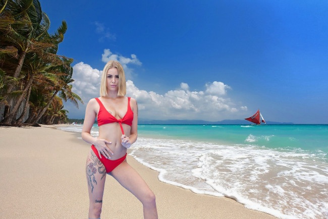 Обои картинки фото девушки, lya missy, тропики, море, пальмы, блондинка, тату, бикини