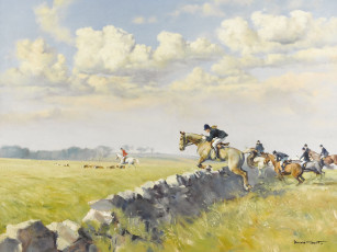 Картинка donald grant рисованные преграда собаки охота лошади всадники