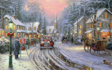обоя thomas, kinkade, рисованные, город, дорога, авто, сани, лошадь, рождество, дома, снег, зима