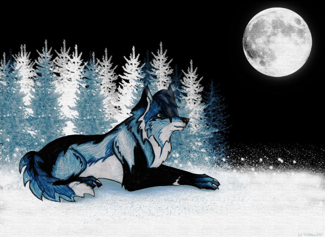 Обои картинки фото рисованные, животные, волчица, луна