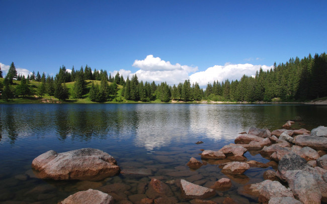 Обои картинки фото природа, реки, озера, озеро, деревья, камни