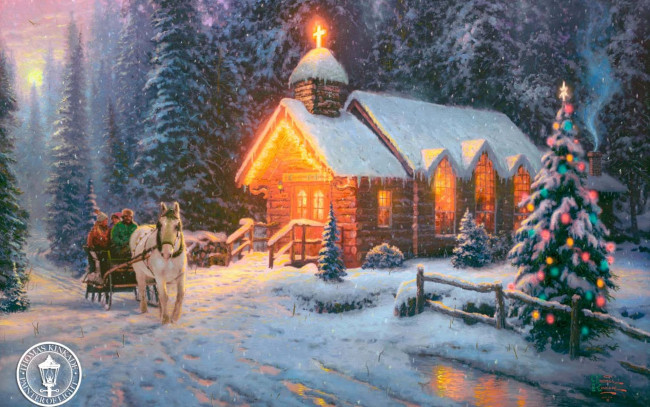 Обои картинки фото thomas, kinkade, рисованные, зима, снег, церковь, ёлка, сани, лошадь, рождество