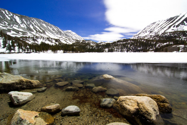 Обои картинки фото природа, реки, озера, вода, зима, снег, камни, горы