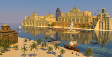 Картинка 3д графика fantasy фантазия река дома песок