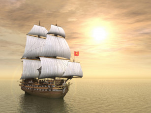 обоя корабли, 3d, океан, корабль, парусник, мачты, паруса, пушки, небо, солнце