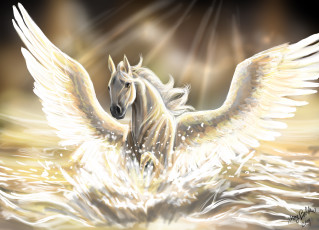 Картинка фэнтези пегасы море вода пегас крылья грива лошадь скачет солнце лучи
