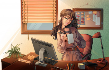Картинка рисованные люди компютер стол девушка